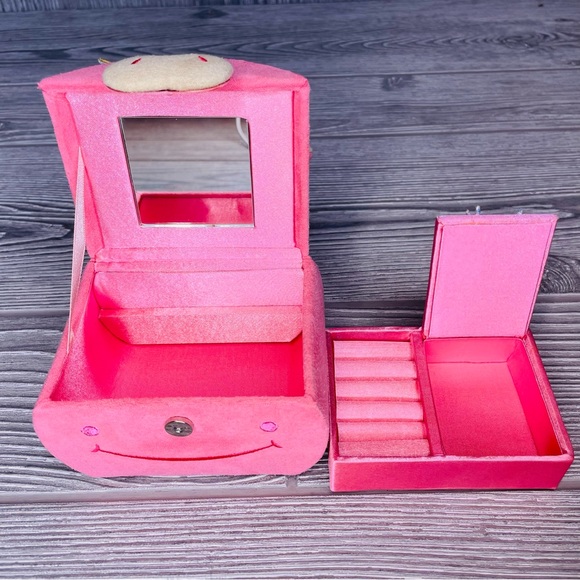 Pink cloth pig Jewelry box trinket box holder with mirror - Picture 10 of 11